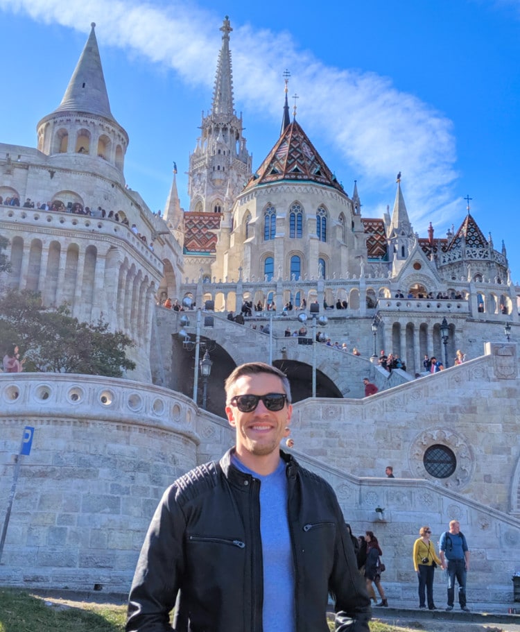 The author Nate Hake posing in front of Fisherman's Bastion