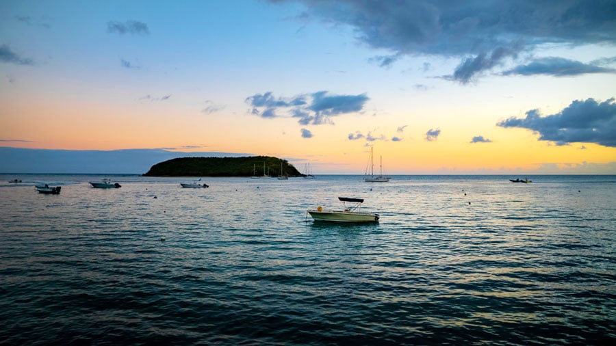 View of fishing boats in the Vieques water during sunset