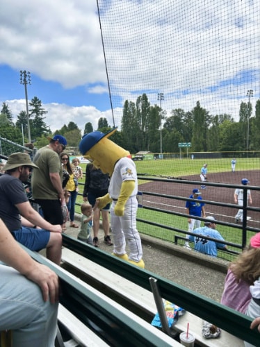 View of the Fishsticks mascot playing with a kid at the stadium