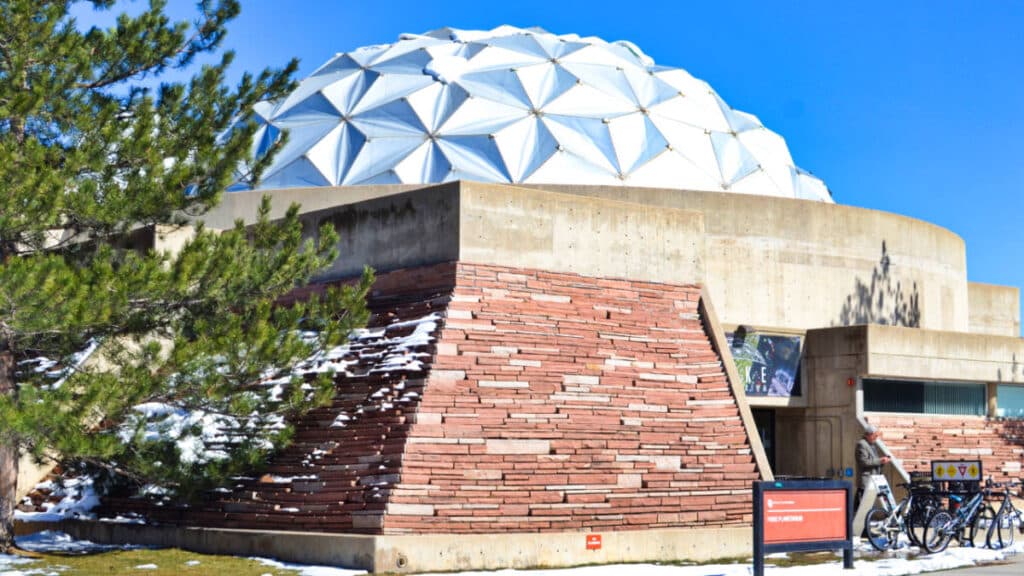 View of the iconic architectural structure of Fiske Planetarium and Science Center