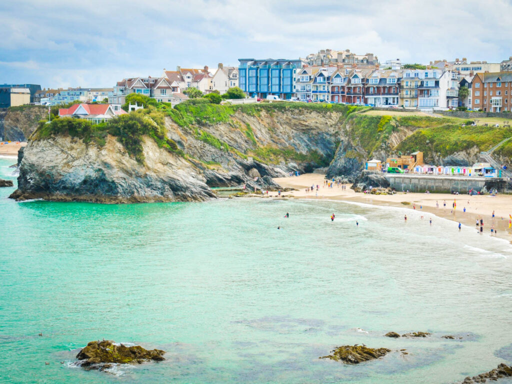 View of the buildings at the cliffside overlooking the Fistral Bay