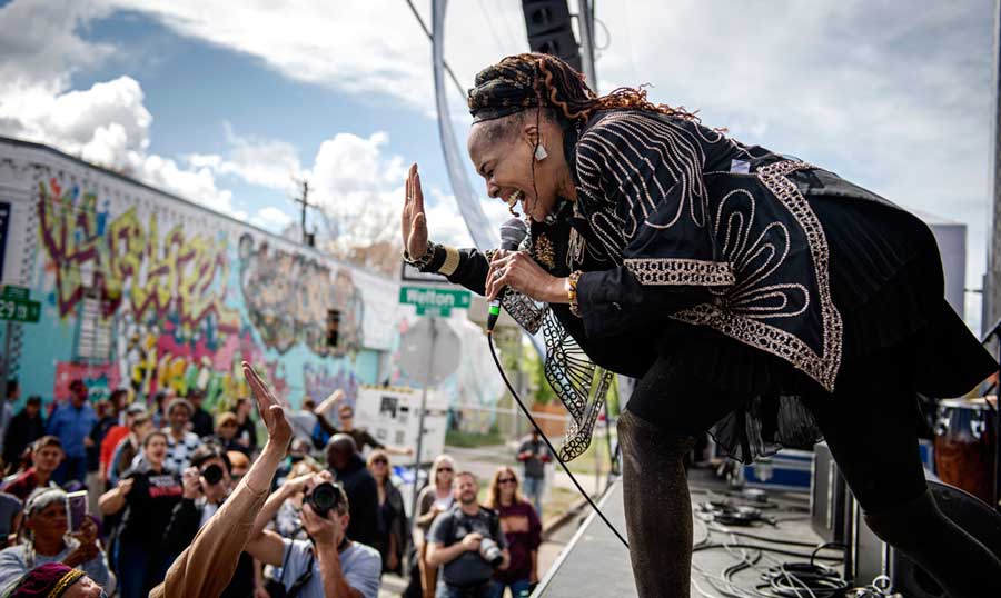 A woman performing during the Five Points Jazz Festival event in Denver
