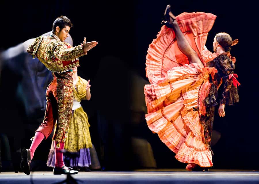 A man and woman performing a Flamenco dance on the theater stage