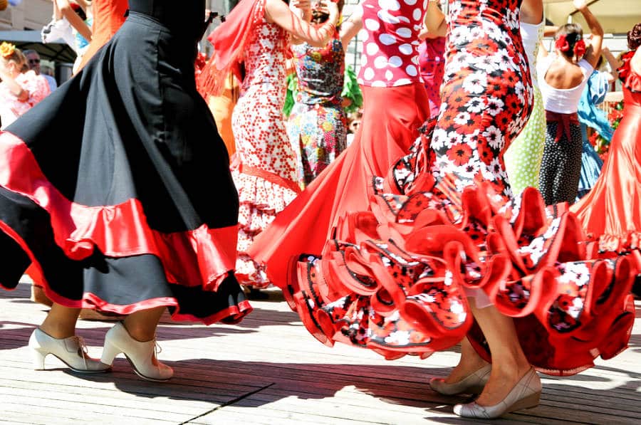 View of the colorful dresses of the Flamenco performers in the street of Malaga