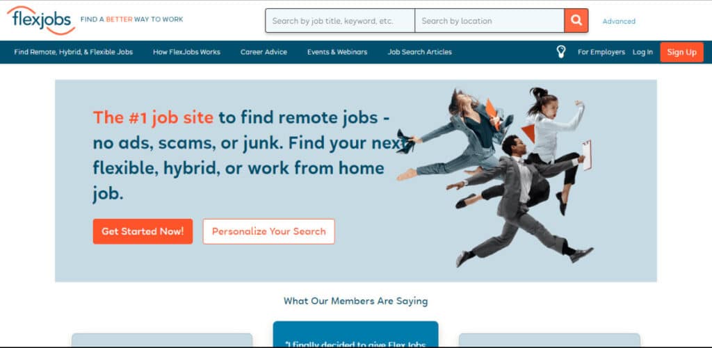 View of the homepage of FlexJobs