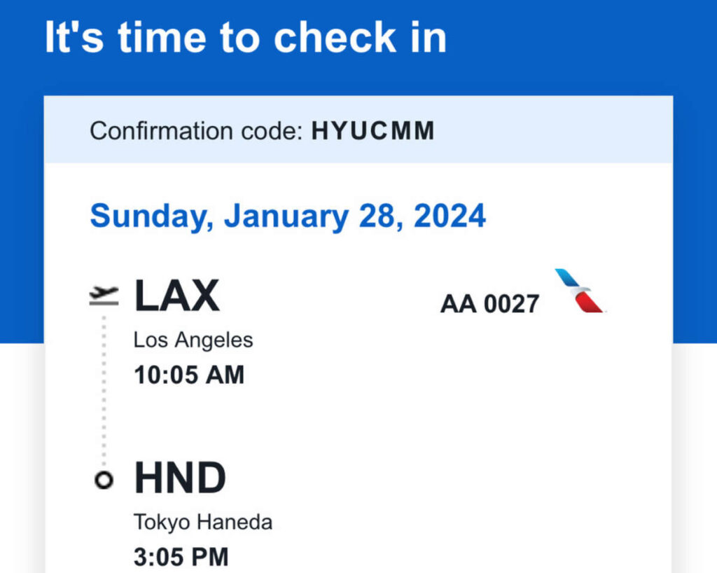 View of flight details from Los Angeles to Japan