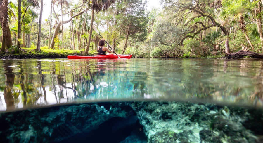 View of a woman kayaking in 7 Sisters Springs