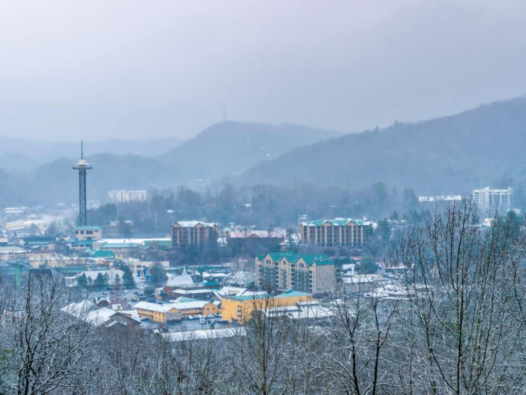 View of the fog covering the city skyline of Gatlinburg