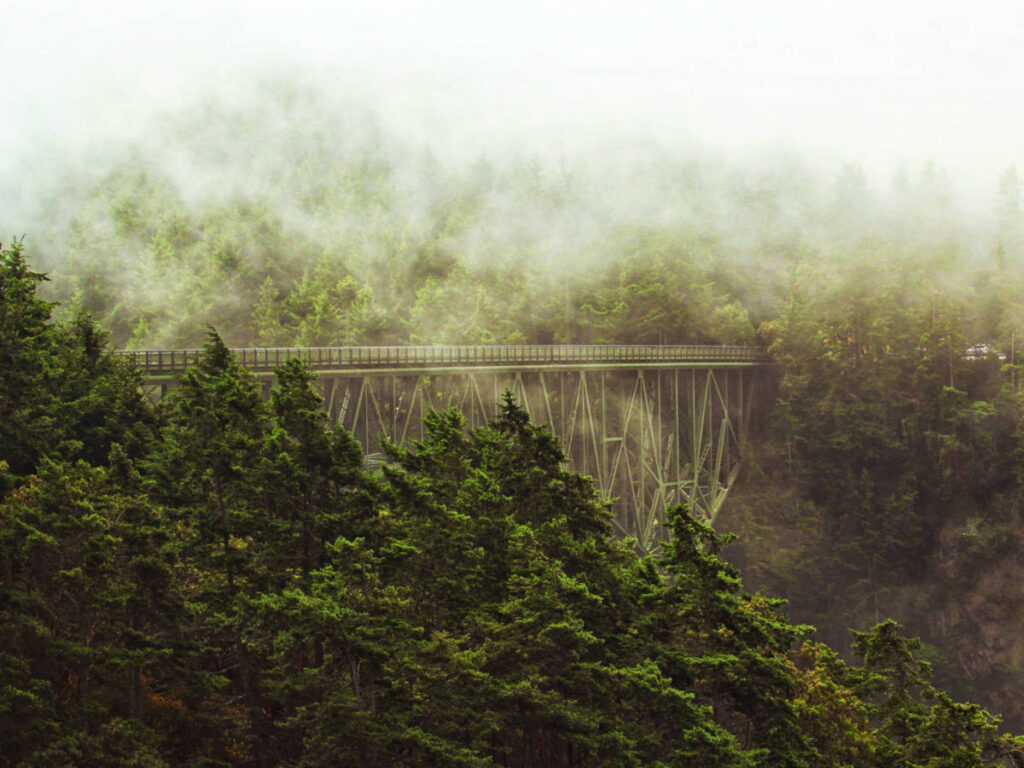 View of the fog over the Deception Pass Bridge