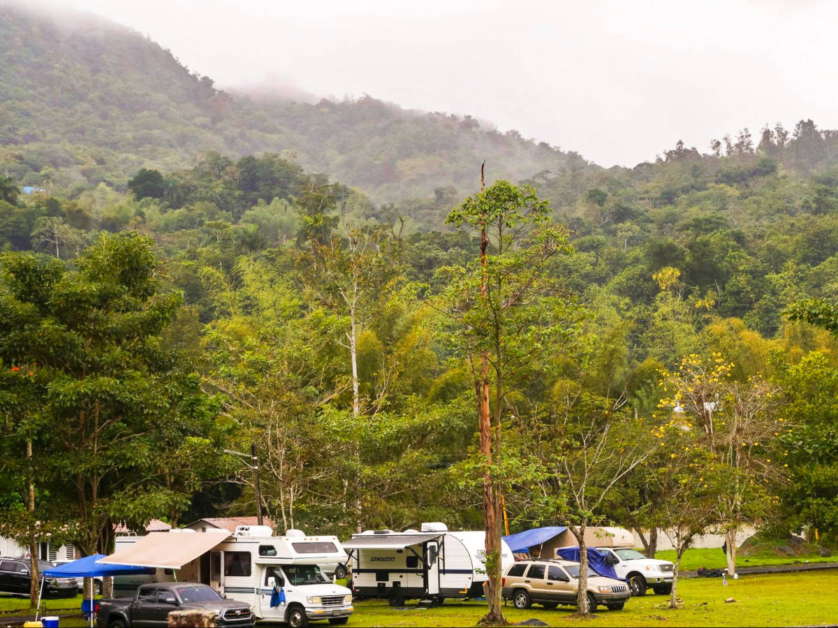 The foggy mountain views behind the camping area in Puerto Rico