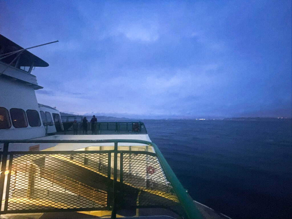 Passengers enjoying the foggy view on the Fauntleroy/Southworth ferry