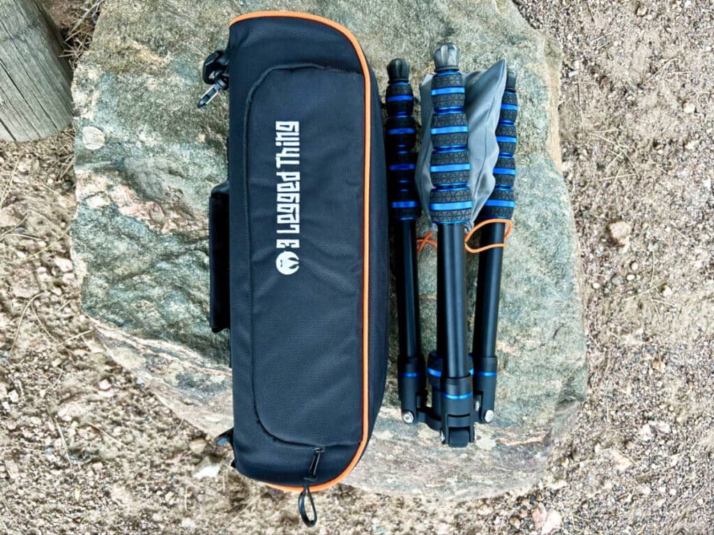 View of the folded length of 3 Legged Thing Punks Corey 2.0 Tripod and its bag