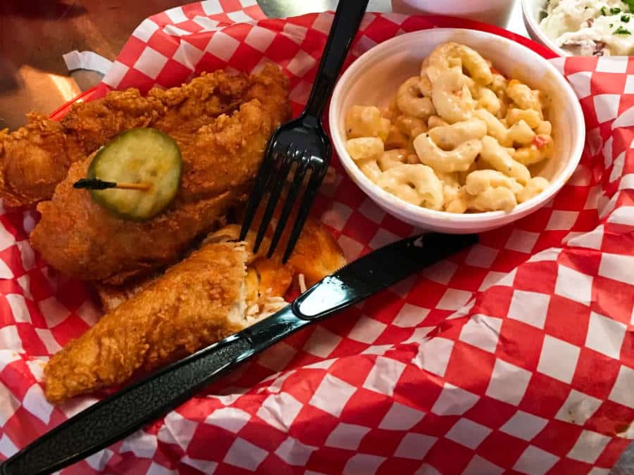 Closeup view of the breaded chicken with sauce from Hattie B’s Hot Chicken