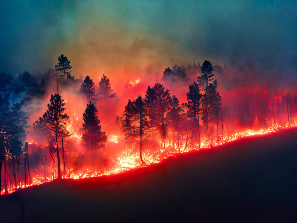 Panoramic view of the huge forest fire at night