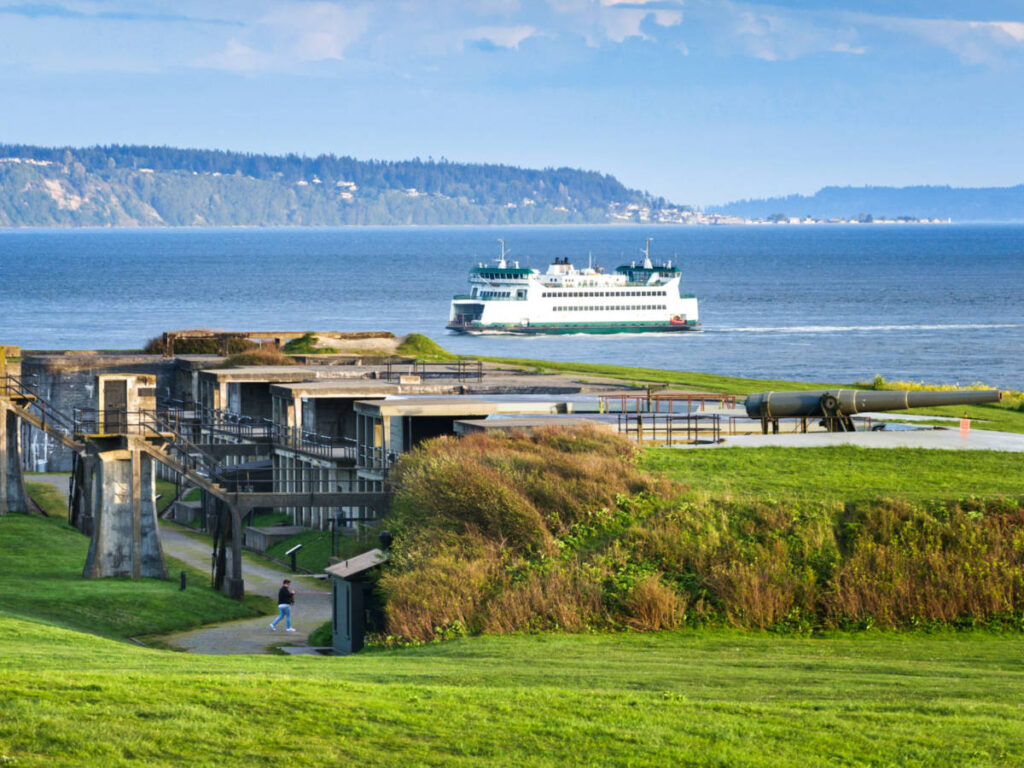 Overlooking view of the gun batteries and the Coupeville ferry at Fort Casey