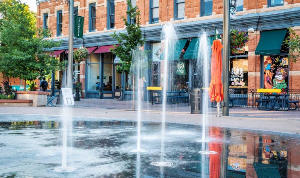 View of water fountains in the Old Town Square of Fort Collins