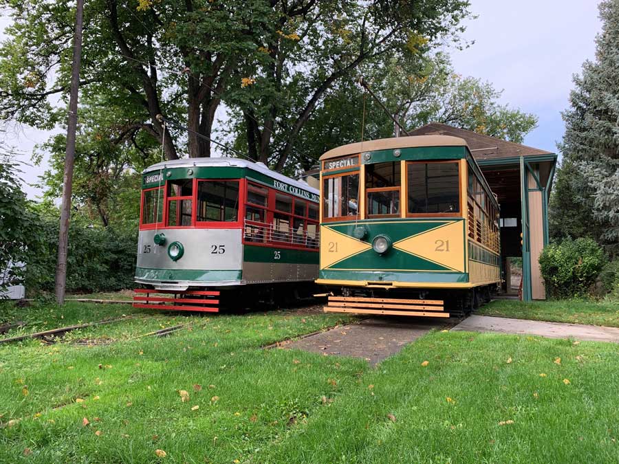 View of two Fort Collins Trolley in Colorado