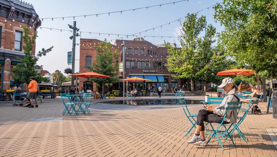 View of people in Fort Collins during a sunny morning