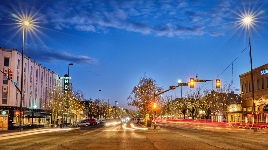 View of main street in Fort Collins at night