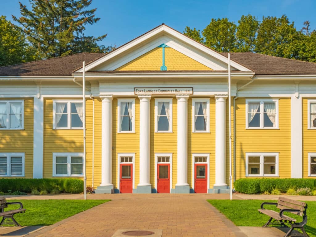 Clear blue sky over the Fort Langley Community Hall building