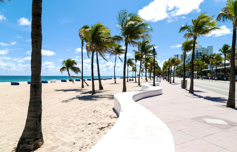 View of the wavy sea walls and palm trees on the white sand in Fort Lauderdale Beach