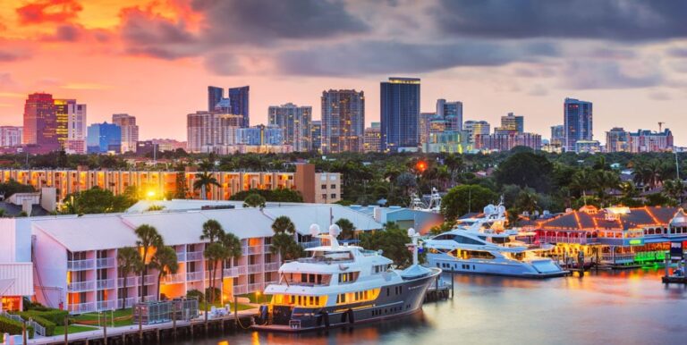 View of the colorful skyline of Fort Lauderdale at dusk