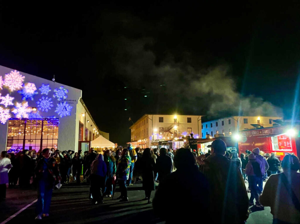 The crowd wandering around the Fort Mason Holiday Night Market