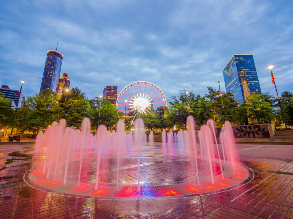 The Fountain of Rings at Centennial Olympic Park at dusk