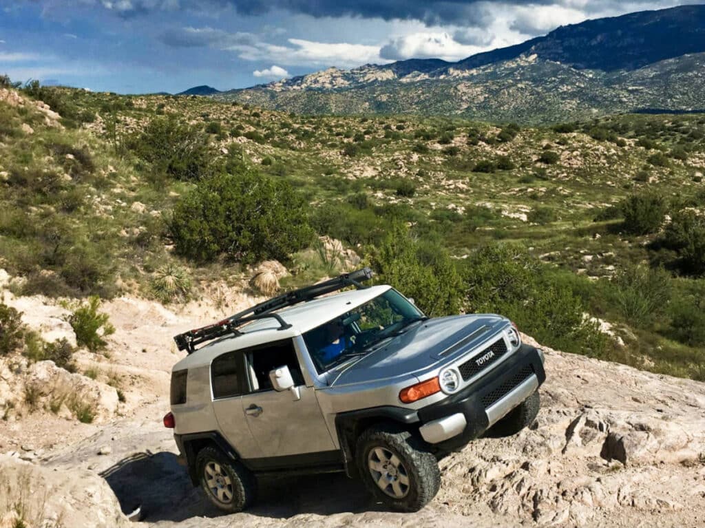 A four-wheeled car in the backcountry road in Arizona