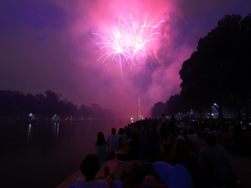 A view of the Independence Day fireworks from the Lincoln Memorial, Washington, DC