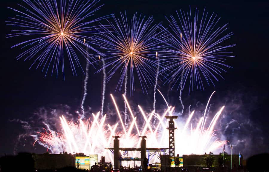 View of the Independence Day fireworks display in Cincinnati park