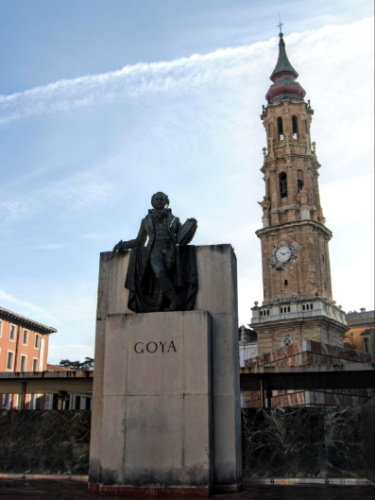 View of the monument of Francisco Goya and La Seo Cathedral