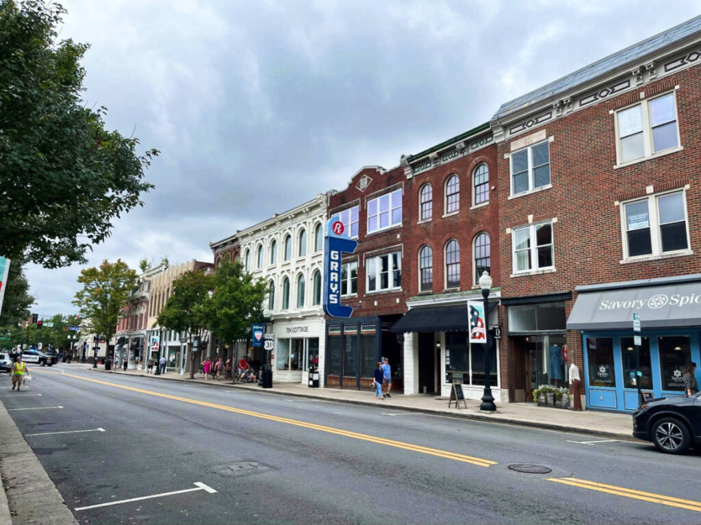 View of the shops and restaurants lined along downtown Franklin