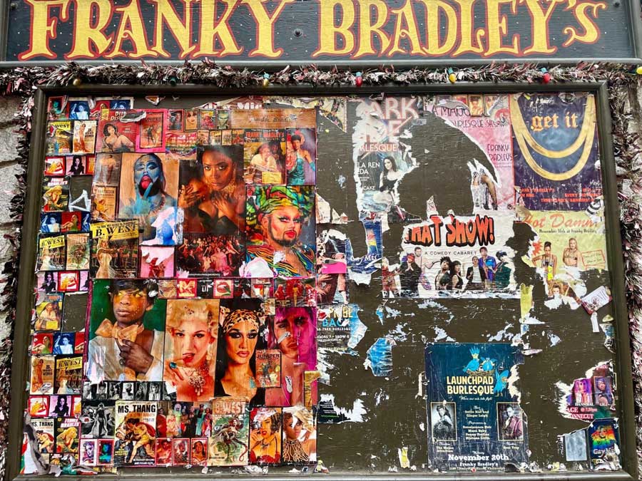 Posters of past performers at the Franky Bradley’s