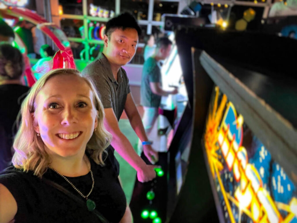 The author, Sarah Heath and her husband at the Free Play Arcade - Arlington