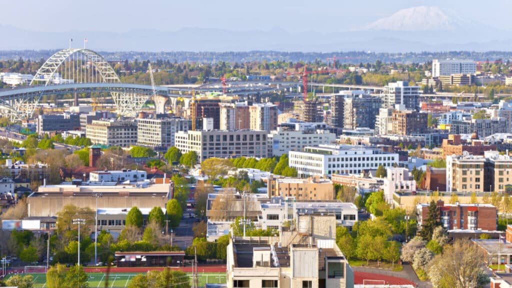 Aerial view of the Fremont Bridge and the industrial area of Portland