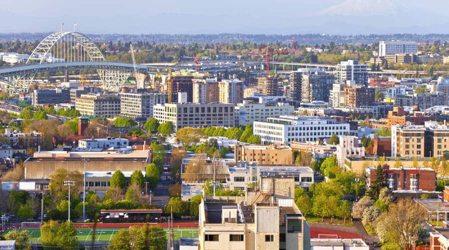 Aerial view of Portland and the Fremont Bridge