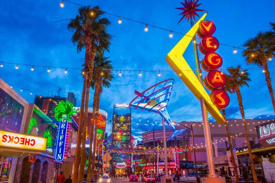 Neon signs in Fremont Street Experience at night in Downtown Las Vegas