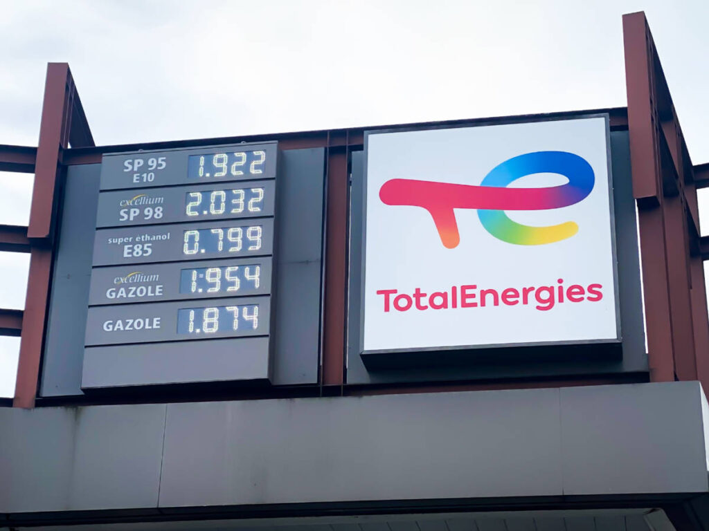 View of the signage with the gas prices at a gas station in France