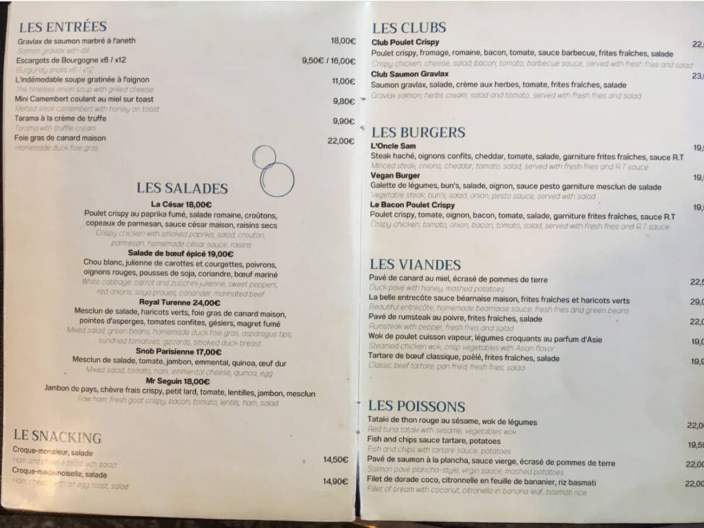 Closeup look of the menu of the restaurant in France