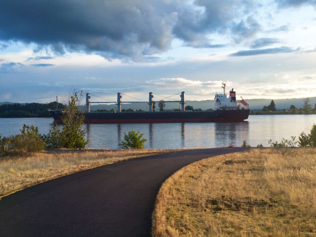 View of a large ship sailing in the water at Frenchman’s Bar Regional Park