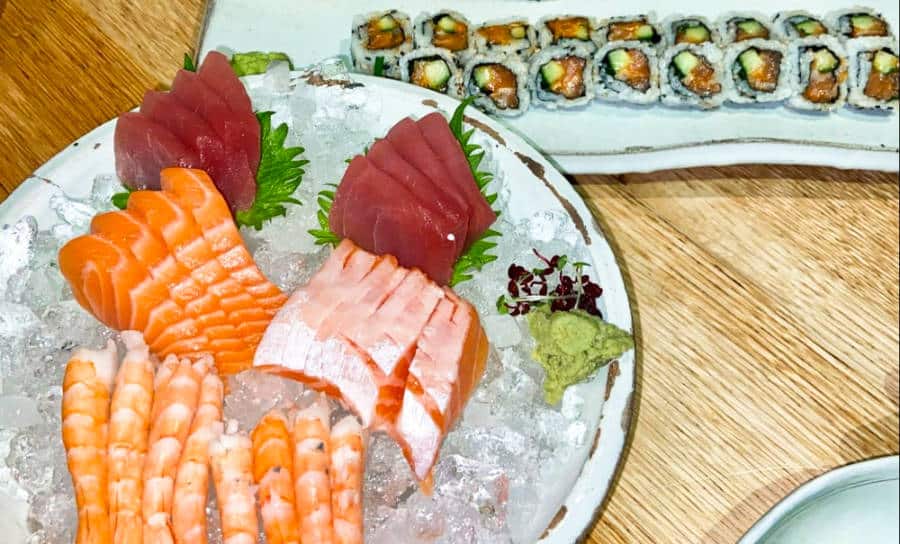 A closeup look at the fresh sashimi, sushi, and other Japanese food at ROKA
