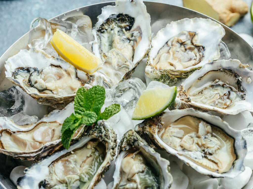 A plate of Fresh oysters with lemon and ice