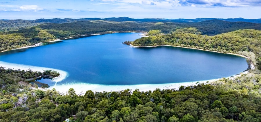 Aerial view of the freshwater lake on the sandy Fraser Island
