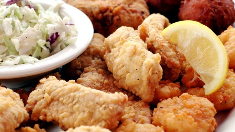 Close up view of fried seafood platter