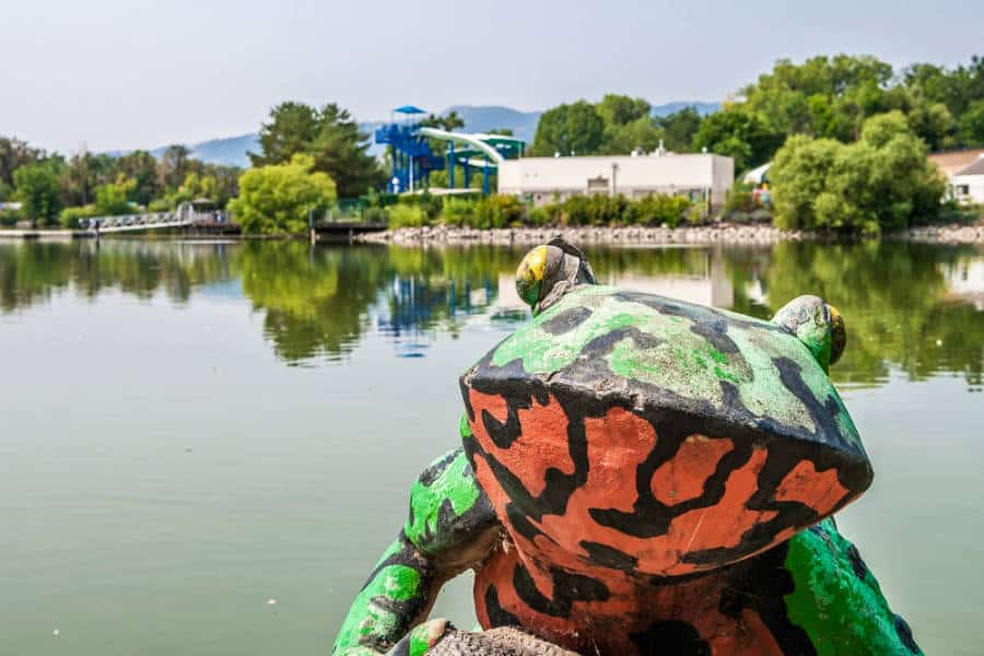 View of a colorful frog statue at the lake in City Park