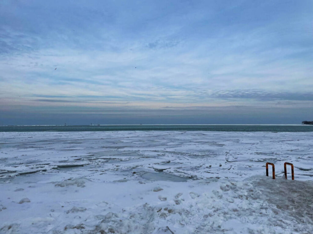The frozen Lake Michigan during winter season