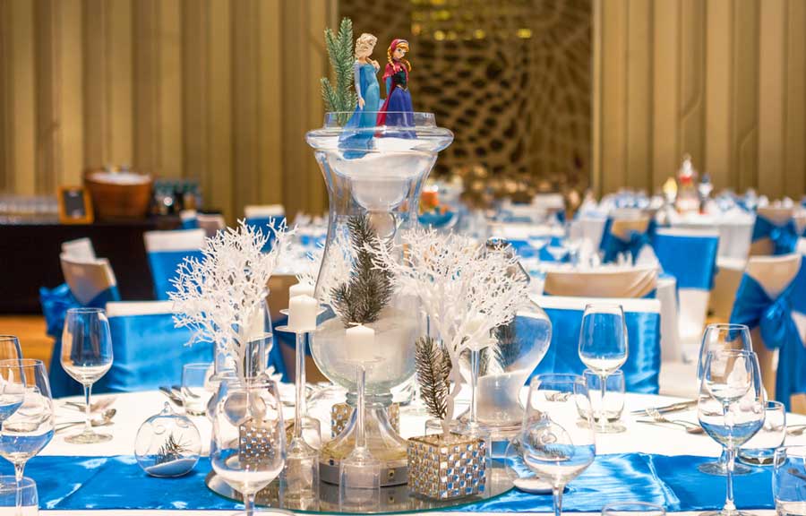 View of tables decorated with Disney's Frozen characters