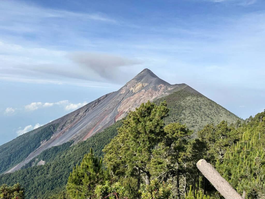 Clear blue sky over the Volcano Fuego from the base camp