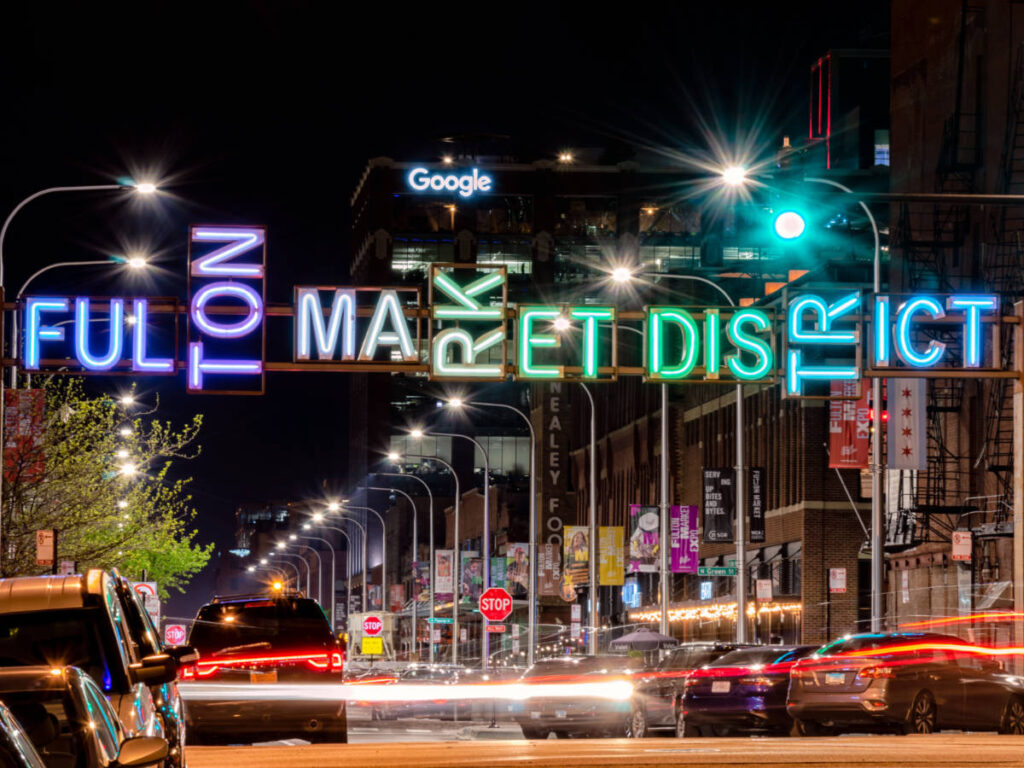 View at the Fulton Market District at night